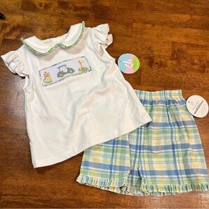 NWT Zuccini Kids Garden plaid golf 2 pc set size 6 green blue smocked